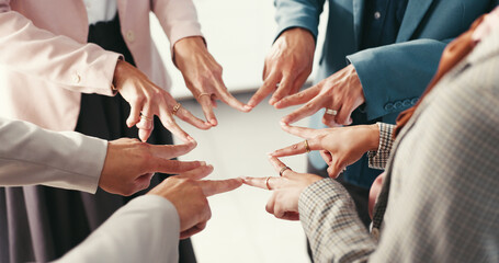 Aufkleber - Fingers, huddle and team building with business people in office together for solidarity or unity. Collaboration, star and hands with employee group in workplace for connection, planning or synergy
