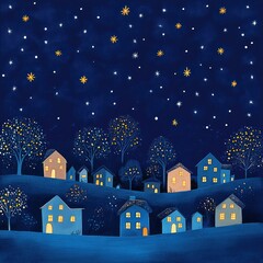 nighttime village illustration with glowing windows and stars in a pastel sky