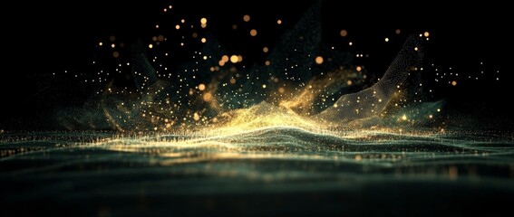 Fototapete - Glowing yellow particles and green landscape create an abstract universe with flying sand on a dark night