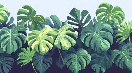 1.Monstera plant branch seamless pattern illustration. Horizontal background. Flat vector cartoon icon illustration of house plant isolated