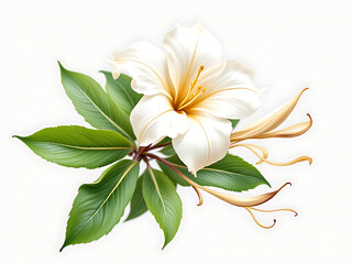 vanilla flower with leaves and pods isolated on white background