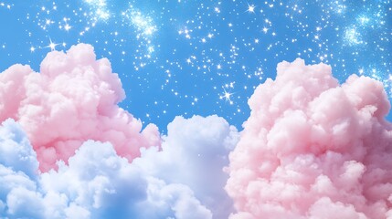 Wall Mural - Dreamy Pink Clouds with Sparkling Stars Against a Bright Blue Sky for a Magical Atmosphere