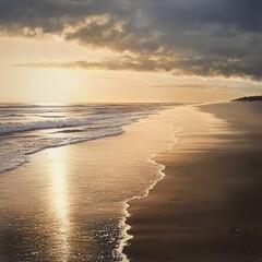 Wall Mural - Captivating sunset on a tranquil beach with waves and dramatic clouds, reflecting golden hues on the wet sand.