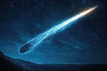 Wall Mural - A comet streaking through a star-filled, moonlit sky, its tail of light trailing behind as it races through the darkness.