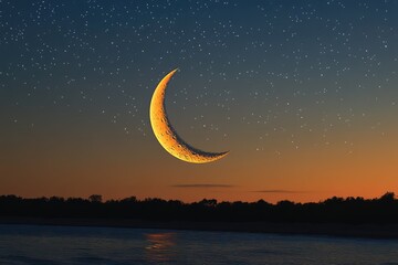 Wall Mural - A crescent moon surrounded by a halo of shimmering stars, the celestial glow creating a peaceful and serene night sky.