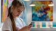 © axel - In a modern waiting room filled with colorful abstract art, a teenage girl glances at her phone with a worried expression, reflecting her feelings of anxiety and anticipation