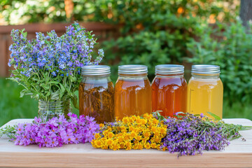 Wall Mural - Freshly harvested flowers and jars of honey create vibrant display, showcasing nature beauty and sweetness of life. colorful arrangement evokes sense of tranquility and joy