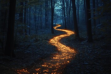 Wall Mural - A dark forest with glowing pathways winding through the trees, casting an ethereal, ambient light across the ground.