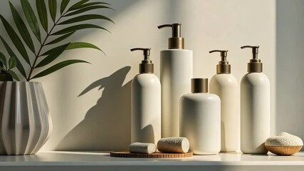 Poster - A row of white bottles with gold tops sit on a shelf next to a potted plant. The bottles are arranged in a row, with the tallest one in the middle and the shortest one on the far right