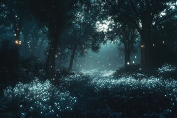 Wall Mural - A dark forest with glowing, bioluminescent plants, creating an ethereal, mystical atmosphere under the night sky.