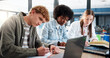 © Siphosethu/peopleimages.com - Learning, group and students with laptop, classroom and research for assignment in college or writing. Education, studying and people with tech for knowledge, university and teamwork for project