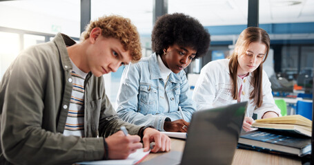 Poster - Learning, group and students with laptop, classroom and research for assignment in college or writing. Education, studying and people with tech for knowledge, university and teamwork for project
