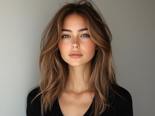 Wall Mural - Portrait of a young woman with brown wavy hair against a light grey backdrop