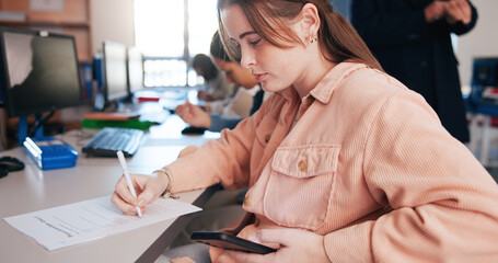 Aufkleber - Student, writing and cheating note for exam with answers, information and learning in classroom. Liar, girl and phone secret for test with internet, knowledge fraud and corruption for education