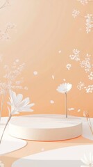 Poster - Soft and elegant white flowers sway gently in the breeze on a circular platform, surrounded by a warm orange background that evokes a peaceful spring feeling