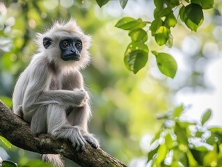 Wall Mural - a beautiful, young white-faced monkey sits on a tree branch in a lush green forest
