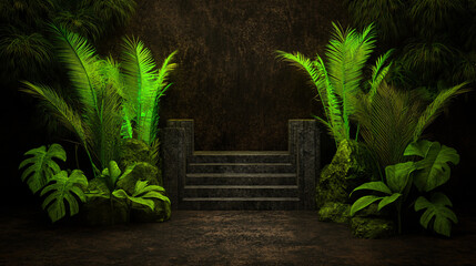 Wall Mural - mystical forest scene featuring lush green plants, illuminated foliage, and stone steps leading into dark, enchanting environment. atmosphere evokes sense of wonder and adventure