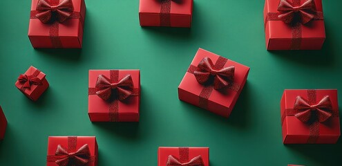 Aufkleber - Red Gift Boxes with Bows on Green Background for Christmas and Celebrations