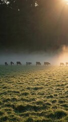 Aufkleber - A serene meadow at daybreak with gentle fog drifting among grazing cows, the rising sun casting long shadows across dewy grass.
