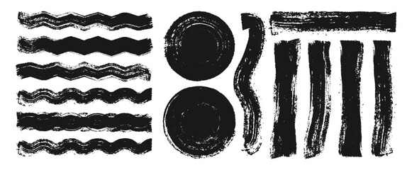 Fototapete - Collection of zigzag brush line, grunge circle shape set. Black Brush strokes, Paint, Ink, Grunge, Brush, Lines. Dirty Artistic Elements, Boxes, Frames. Freehand drawing.