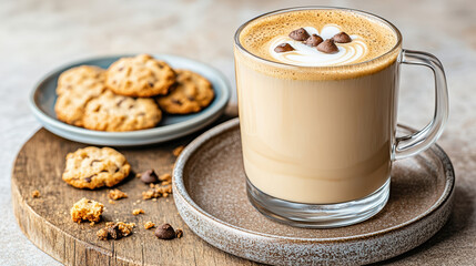 Poster - delicious flat white coffee with cookies on wooden plate