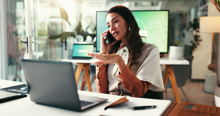 Poster - Phone call, creative and woman in office, discussion and communication for publishing of ebook or serious. Business, writer and negotiation for royalties of manuscript, mobile or planning for release