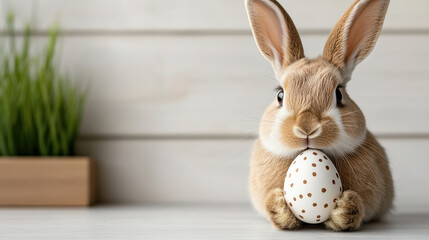 Wall Mural - cute bunny holding tiny decorated Easter egg, bringing joy and charm