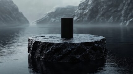 Poster - Textured rough stone pedestal floating on black water, a glossy black cylinder in the middle, soft gradient lighting illuminating the setup