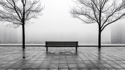 Wall Mural - foggy urban scene with solitary bench surrounded by bare trees