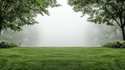 Wall Mural - Lush green grass in foggy landscape creates serene atmosphere