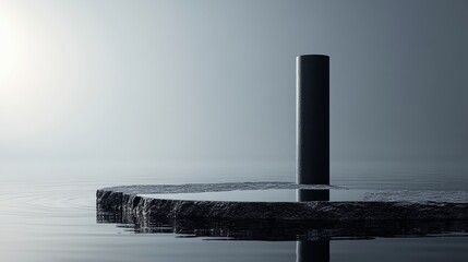 Poster - Minimalist design with a coarse stone pedestal on a mirror-like black water surface, a sleek cylindrical black structure in the center, subtle light reflections enhancing textures