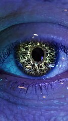 Fototapete - Futuristic depiction of an eye covered by a translucent layer of moving blue and yellow code, over realistic iris details.
