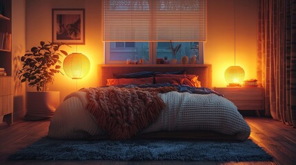 Interior design of bedroom with blankets on bed and glowing lamps in evening