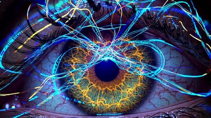 Poster - Detailed of an iris overlaid with lines of blue and gold code, conveying a futuristic atmosphere.
