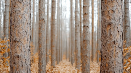 Wall Mural - Dense forest with tall trees and autumn leaves covering ground