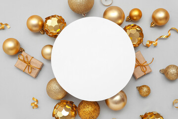 Canvas Print - Blank card, Christmas balls and gift boxes on white background