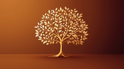 Wall Mural - Elegant golden tree silhouette on a rich brown background