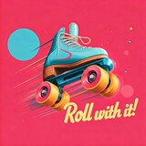 A vibrant and bold pop art poster with  roller skate, its wheels spinning, leaving a trail of colorful streaks. Bold typography reads "Roll with It!"