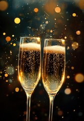 Wall Mural - Champagne glasses clinking celebration bubbly golden lights festive new year