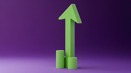 Poster - green arrow growing up. minimal cartoon success green arrow up soaring finances icon isolated on pur