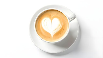 Wall Mural - Top view of white cup of art latte coffee with heart shape isolated on white background