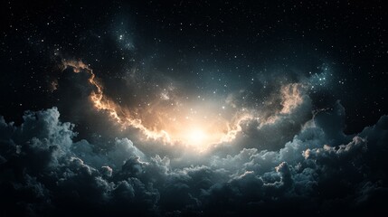 Wall Mural - A breathtaking cosmic scene featuring a glowing nebula surrounded by dark clouds and scattered stars, evoking a sense of wonder and infinity.