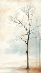 Wall Mural - A solitary, bare tree stands against a soft, misty background, evoking a tranquil, serene atmosphere in muted watercolor tones.