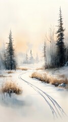 Sticker - A serene winter landscape featuring a winding path through snow-covered ground, framed by tall evergreen trees and a gentle pastel sky.