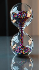 Poster - An up-close perspective of an hourglass on a reflective surface, its rainbow-toned sand forming mesmerizing patterns as it cascades, evoking the constant motion of life’s moments.
