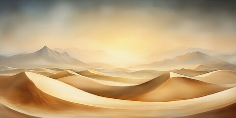 Sticker - A serene desert landscape featuring rolling sand dunes under a soft, golden sky, suggesting tranquility and vastness.