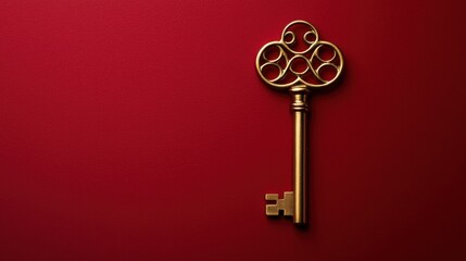 Wall Mural - Vintage ornate golden key on a red background