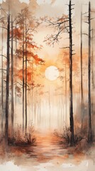 Wall Mural - A serene forest scene at sunset, featuring tall trees silhouetted against a warm, glowing sky and a misty path leading into the distance.