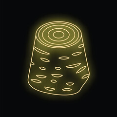 Poster - Neon yellow tree stump glowing on black background showing wood grain detail