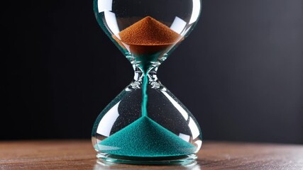 Poster - A macro shot of a glass hourglass containing vibrant turquoise sand, emphasizing each delicate grain as it trickles from top to bottom, symbolizing the fleeting nature of time.
